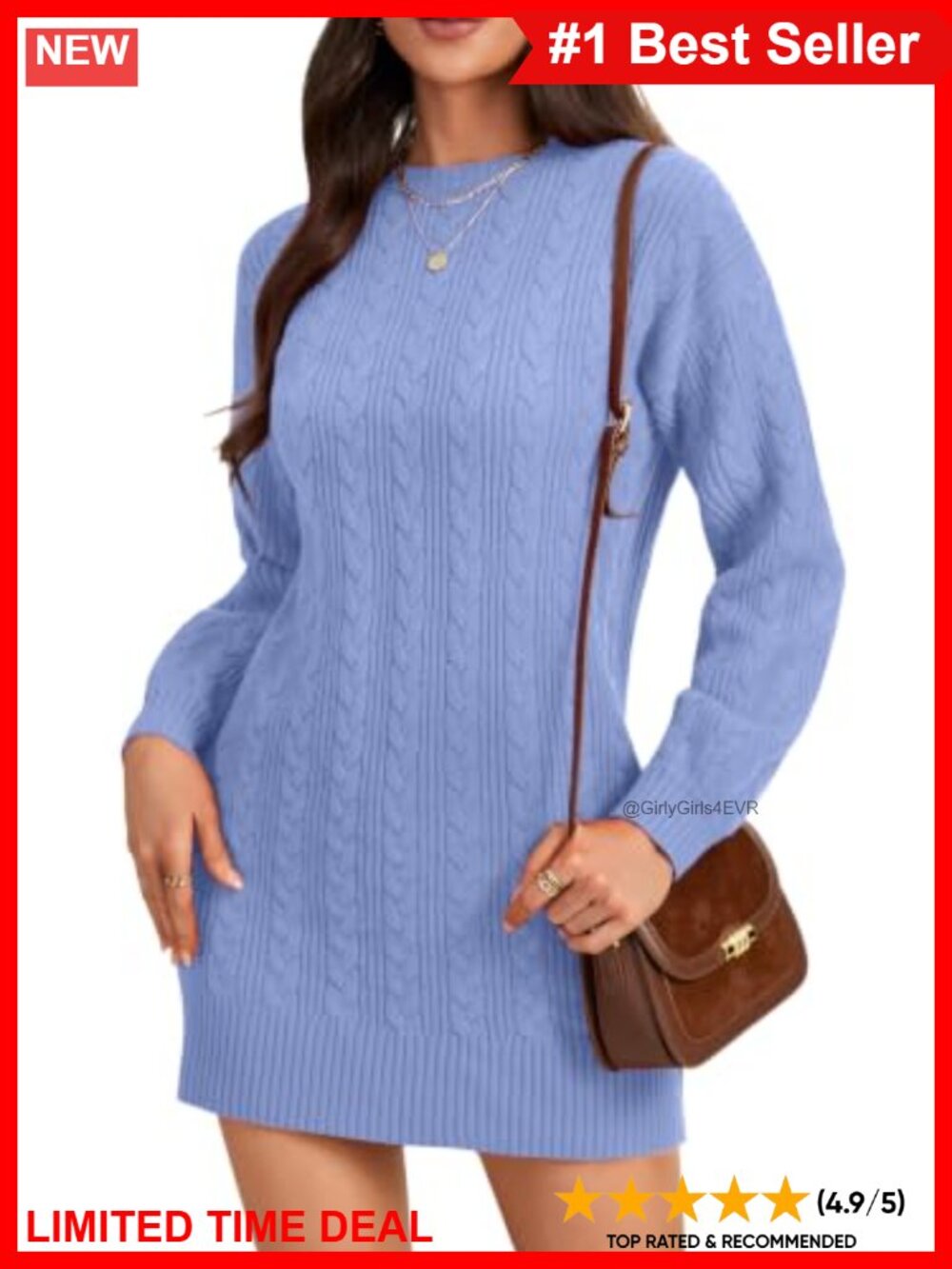 Cable Knit Mini Sweater Dress Crewneck Drop Shoulder Pullover